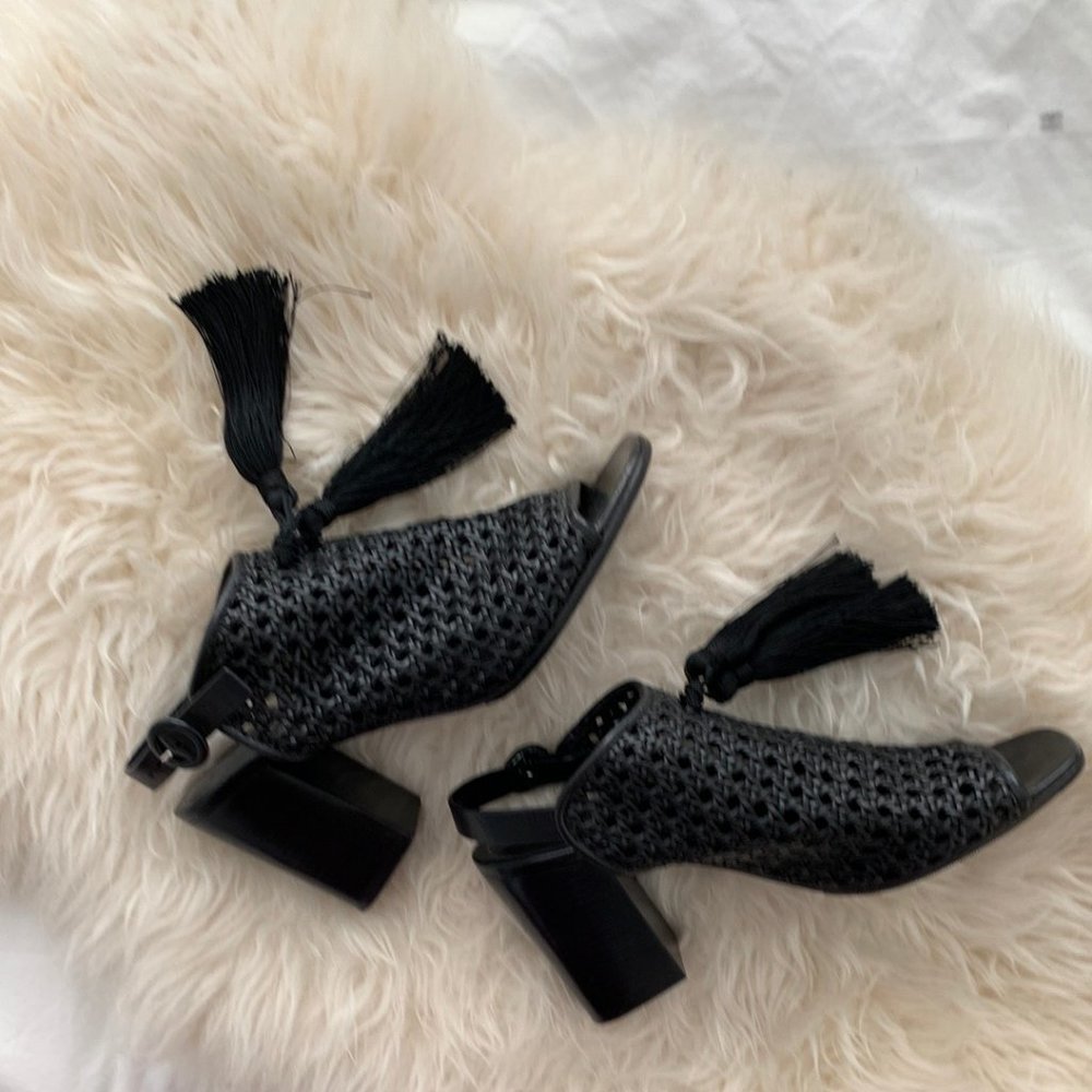 EDUN Black Tasseled Woven Heels w/ Sole Guard